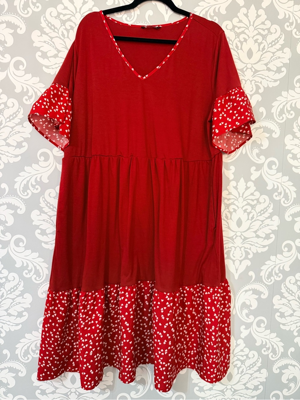 💫2/$25 • BloomChic Red Tiered V-Neck Dress with Heart-Print Trim